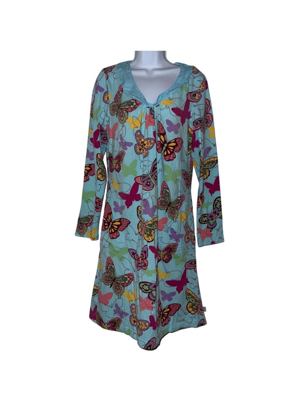 Nick & NoraButterfly Nightgown Pajamas Womens L Blue Colorful Long 3/4 Sleeve